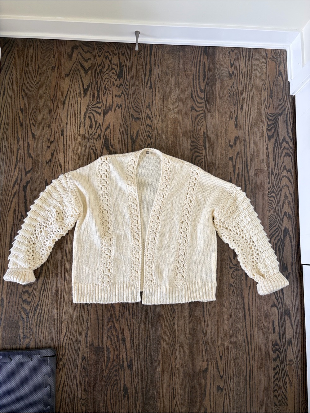 Look by M Open-Front Cream Crochet Sleeve Cardigan Sweater